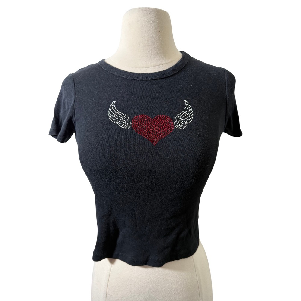 Obsessive Love Black Rhinestone Winged Heart Baby Tee Small Y2K Short Sleeve
